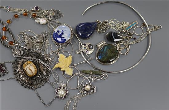 A scarab pendant necklace and other jewellery including silver necklet, necklaces etc.